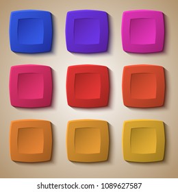 Set of blank colors buttons for website or app. Vector eps10, matte plastic texture with glow effect design and squares shape elements, backdrop banner concave dent.