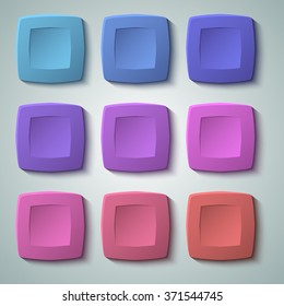 Set of blank colors buttons for website or app. Vector eps10, matte plastic texture with glow effect design and squares shape elements, backdrop banner concave dent.