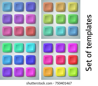 Set of blank colors buttons for website or app. Vector eps10, matte plastic texture with glow effect design and squares shape elements, backdrop banner concave dent.