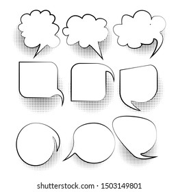 Set of blank comic bubbles and elements with halftone dot shadows on white background. For text. Creative comics book conversation chat - vector design
