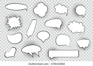 Set of blank comic speech bubbles with halftone