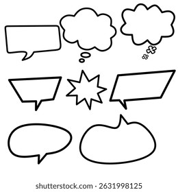 Set of blank comic speech and thought bubbles in hand-drawn style. Ideal for comics, doodles, creative designs, and text highlights.