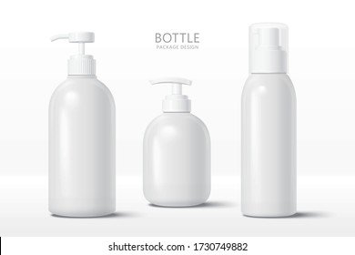 Set of blank cosmetic bottle mock-ups with pump cap, isolated on white background, 3d illustration