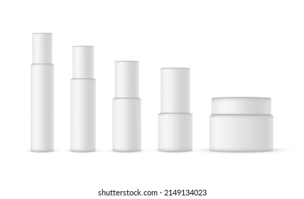 Set of Blank Cosmetic Bottles and Jar Mockup, Isolated on White Background. Vector Illustration