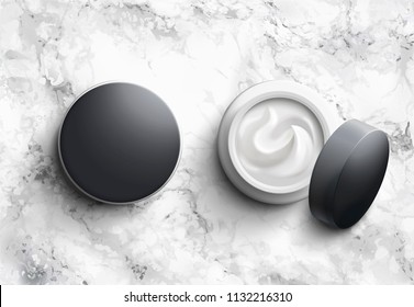 Set of blank cosmetic jars mock up on marble stone table with in top view angle, 3d illustration