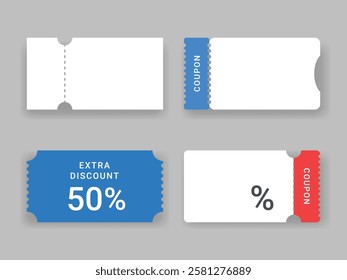 Set of blank coupon template, shopping discounts, boarding, lottery, movie or theater tickets