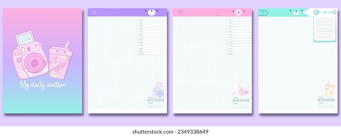 Set blank  with cover notepad page, personal organizer, cute diary template for print with cartoon characters kawaii style 