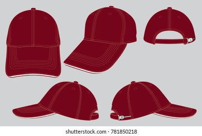 Set Blank Crimson Baseball Cap With Plastic Slide Buckle Strap Vector For Template.