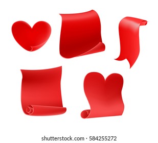 Set of blank curved red paper sheets on white background. Red sheet vector illustration.