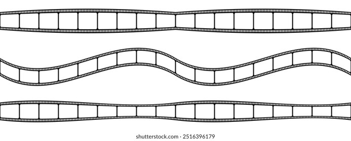 Set of blank curved and wavy film strips. Movie or photo camera tapes isolated on white background. Storyboard layouts. Vintage frames for photographic collage. Vector graphic illustration.