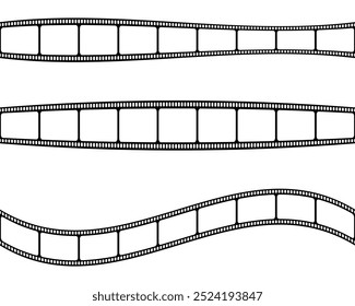 Set of blank curved and wavy film strips. Movie or photo camera tapes isolated on white background. Storyboard layouts. Vintage frames for photographic collage. Vector graphic illustration.