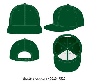 Set Blank Dark Green Hip Hop Cap With Snap Back Strap Vector For Template.