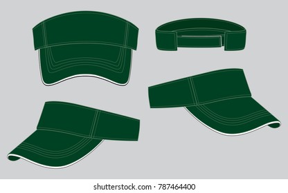 Set Blank Dark Green Sun Visor Cap With White Sandwich And Adjustable Hook And Loop Strap Vector.