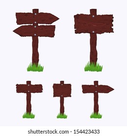 Set of blank dark wooden signs and signposts. The file is made with no transparencies and gradients. 