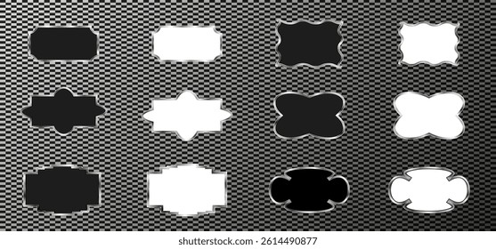 Set of blank decorative frames in ticket or label style, with black and white variations. Perfect for packaging, invitations, price tags, vintage branding or web graphics.