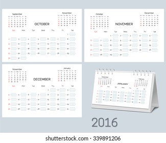 Set of blank desktop monthly planning calendar 2016 year, start  Sunday. Vector illustration.