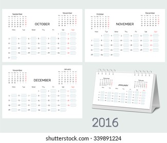 Set of blank desktop monthly planning calendar 2016 year, start  Monday. Vector illustration.