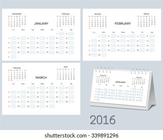 Set of blank desktop monthly planning calendar 2016 year, start  Sunday. Vector illustration.