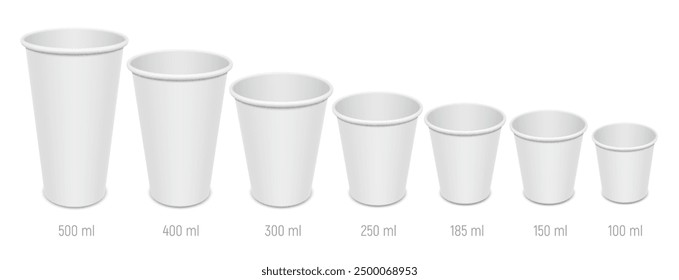 Set of blank disposable coffee cups. Different sizes of open empty paper glasses for vending and takeaway drinks. Vector realistic template illustration isolated on white background.