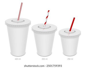 Set of blank disposable cups with lids and straws. Different sizes of paper glasses for cool takeaway drinks. Vector realistic template illustration isolated on white background.