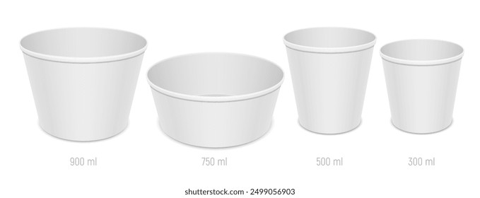 Set of blank disposable food containers. Different sizes of paper open empty dishes for takeaway food packaging. Vector realistic mockup illustration isolated on white background.