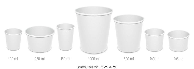 Set of blank disposable ice cream buckets, cups and bowls. Different sizes of paper open empty food containers. Vector realistic mockup illustration isolated on white background.