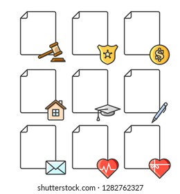 Set of blank documents icons for various services, institutions and structures. Color vector illustration on a white background