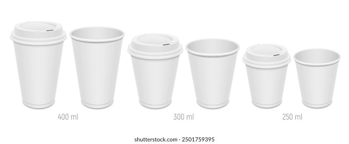 Set of blank double layer coffee cups with lids. Different sizes of open and closed paper glasses for hot takeaway drinks. Vector realistic template illustration isolated on white background.