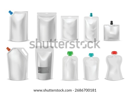 Set of blank doy pack mockups, different shapes, with closed zippers and colored lids with spouts. Product packaging and presentation. Template for packaging, cosmetics, detergents, food. Vector.