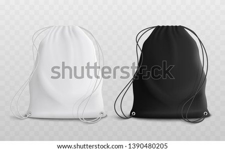 Set of blank drawstring bags for sport or school cloth and shoes mockup 3d realistic vector illustration. Pouch or textile pack in black and white set of two template. Foto stock © 
