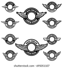 Set of blank emblems with wings. Label templates for biker club, racer community. Vector illustration