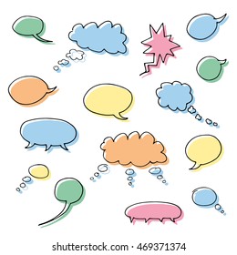 Set of blank empty colorful cartoon vector speech and thought communication bubbles. Isolated. outline. hand drawn.  doodle sketch.