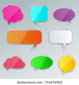 Set of blank empty colorful glass speech bubbles. Different design and color of comic bubble cloud collection. Vector illustration.