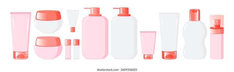 Set of blank empty cosmetic bottles, tubes, spray for cream, lotion, lip balm. Package beauty and skin care products. Vector isolated illustration.
