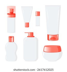 Set of blank empty cosmetic bottles, tubes, spray for cream, lotion, lip balm. Package beauty and skin care products. Vector isolated illustration.