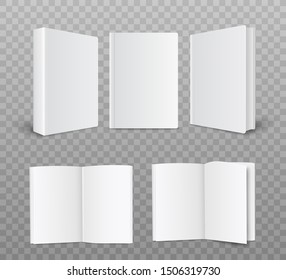 A set of blank and empty hardcover paper book templates. Template of opened and closed paper books with a front and side view. Realistic vector illustration on a transparent background.