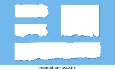 Set Of Blank Empty Paper Torn Sheet In Blue Background. Set Of White Paper Ripped In Different Various Shape