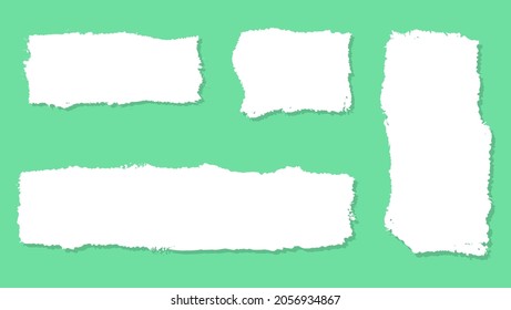 Set Of Blank Empty Paper Torn Sheet In Green Background. Set Of White Paper Ripped In Different Various Shape
