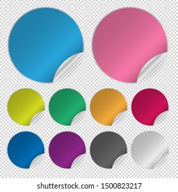 set of blank empty round labels or stickers with curled up side and transparent shadow vector illustration
