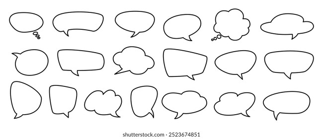 Set of blank empty speech bubbles for text, chatting, message box in line doodle style. Vector illustration balloon speak sign dialog communication frame