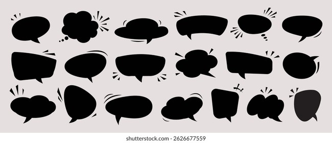 Um conjunto de bolhas de fala vazia em branco preto silhueta estilo cômico várias formas isoladas no fundo da luz design criativo para a conversa diálogo comunicação expressivo humor brincalhão