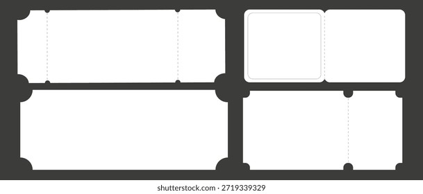 Un conjunto de Plantillas de Cupón y tickets vacíos con perforaciones en varias Formas. Un diseño de Vector ideal para eventos, películas, conciertos, vuelos, certificados de regalo o promociones.
