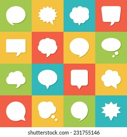 Set of blank empty white speech bubbles and dialog balloons on colorful background. Flat design icons.