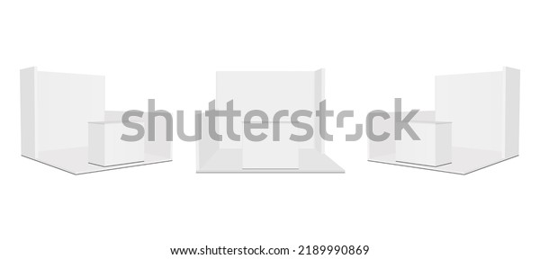 Set of\
Blank Exhibition Trade Show Booths Mockup with Demonstrations\
Tables, Front and Side View. Vector\
Illustration