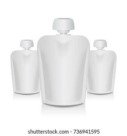 Set of Blank Flexible Pouch With Big Top Cap For Baby Puree. Food Or Drink White Bag Packaging Template for your design