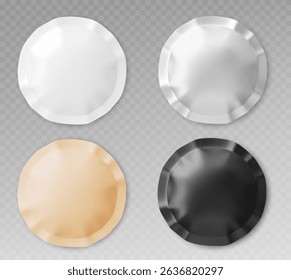 Set of blank foil bag packaging mockups in various colors - beige and white, silver and black. Container template for face mask. Empty round sachet, plastic pouch for food, cosmetic medicine products.