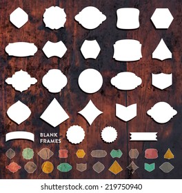 Set of Blank Frames and Labels. Vintage Wood Texture Background