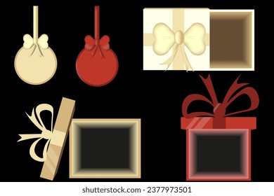 Fijado con una caja de regalo en blanco, un signo redondo colgando. Navidad se burla del símbolo presente con espacio para el texto.  Elementos de navidad aislaron el fondo negro. Ilustración vectorial.