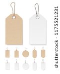 Set of blank gift box tags or sale shopping labels with rope. White paper and brown kraft realistic material. Empty organic style stickers. Flat design isolated vector.