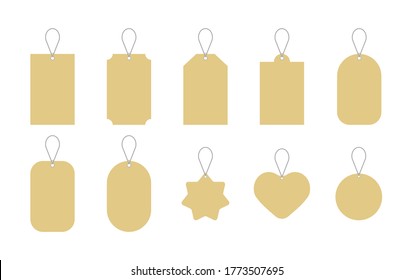 Juego de etiquetas de caja de regalo en blanco o de venta de etiquetas de compra con cuerda. Papel blanco y material kraft marrón realista. Pegatinas de estilo orgánico vacías. Vector aislado de diseño plano.